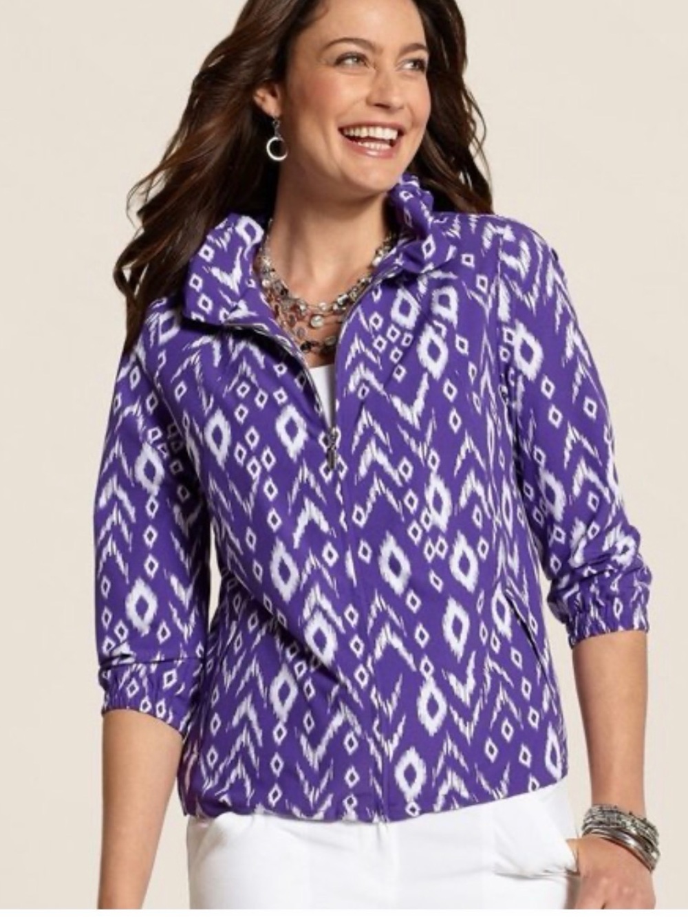 Chico's Purple & White Printed Quarter-Zip Utility Jacket size XL